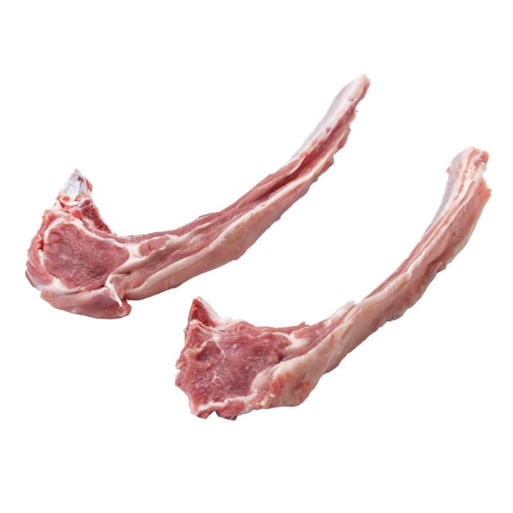 Two raw lamb chops on a white background