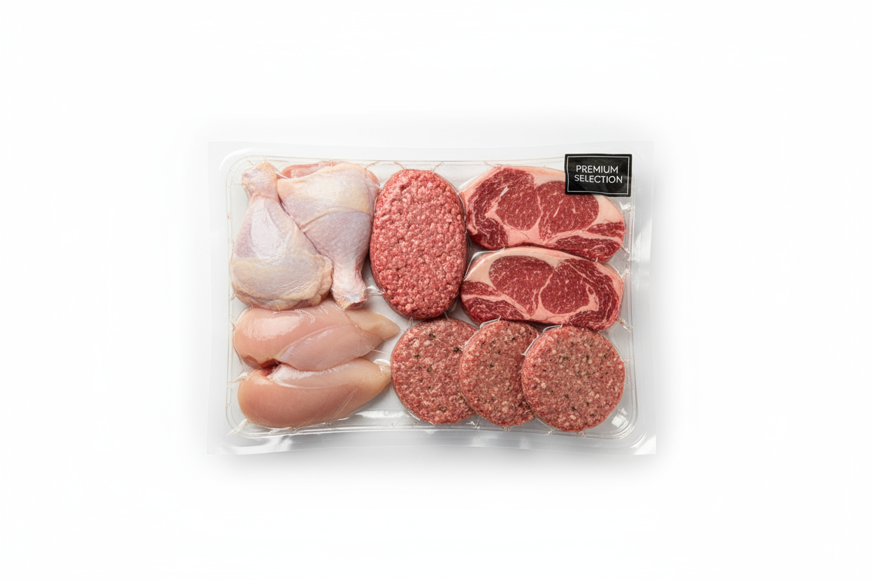 I would like a white background image of a "package" that includees chicken thighs, chicken breast, ground beef, entrecot and burgers